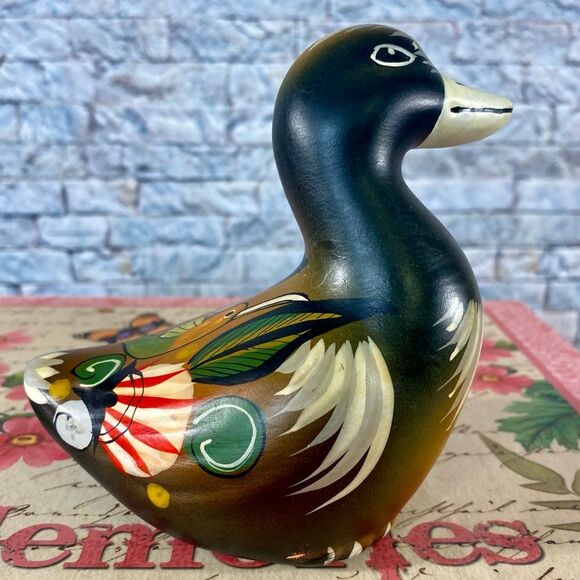 Hand Painted Mexican Folk Art Ceramic Duck Hummingbird Pattern Rustic Decor - Picture 3 of 7